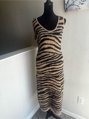 Sleeveless V-Neck Zebra-Print Midi Dress in Tan and Black
